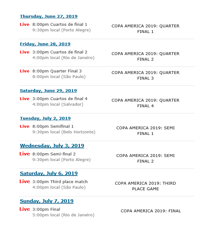 Calendario Copa América (Hora Toronto)